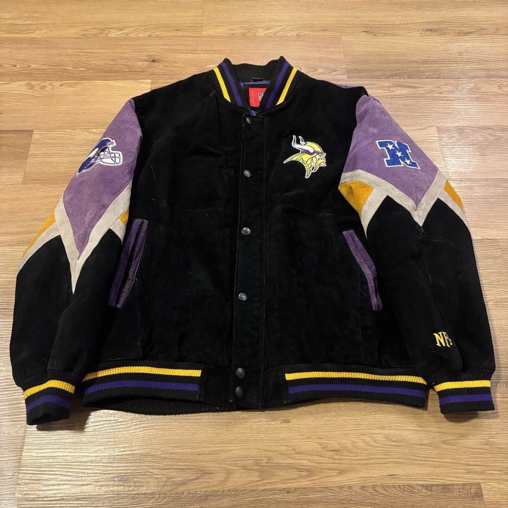 G-III Minnesota Vikings Leather Varsity Jacket Men's 2XL Black Embroidered Y2K